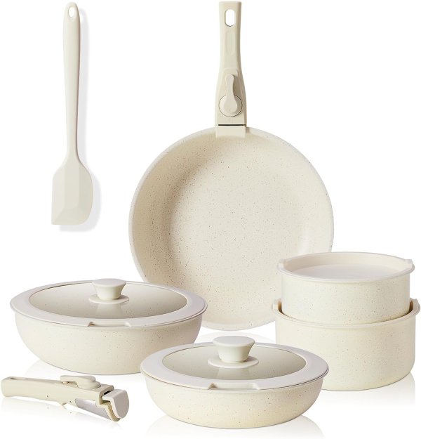Sweetcrispy Nonstick Pots and Pans Set 12pcs Milky White