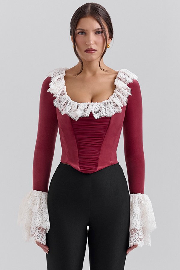 House of CB Black Velvet Lace Trim Corset Top