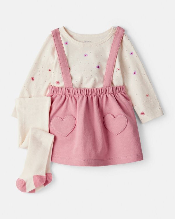 Baby Girl Heart Long Sleeve Top & Skirt Set Pink 3-Piece