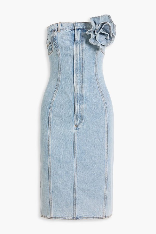 Strapless Denim Dress Floral Appliqué