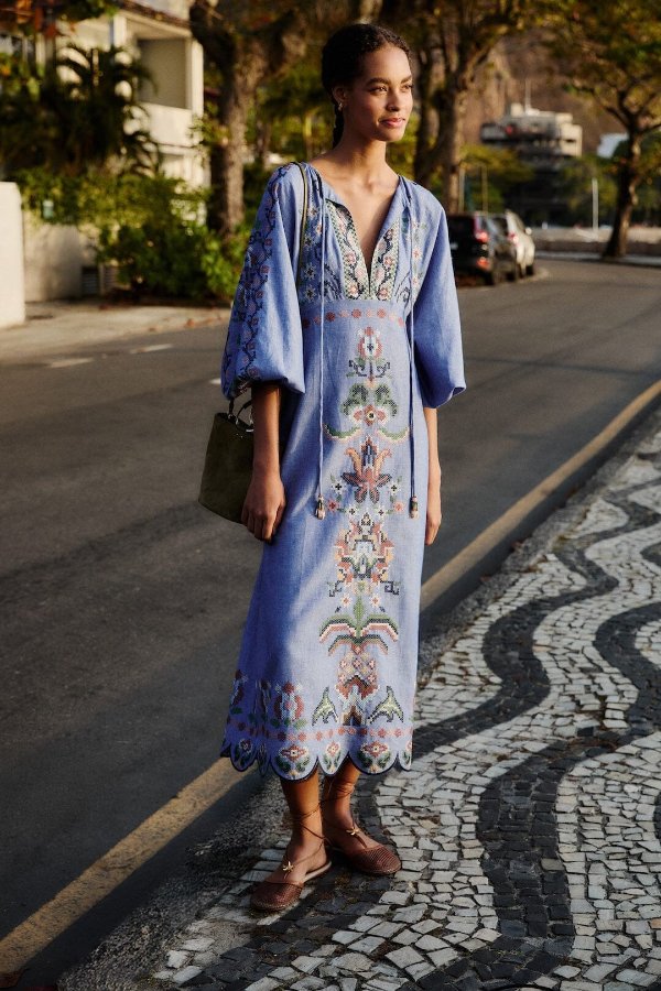 Blue Garden Embroidered Long Sleeve Midi Dress