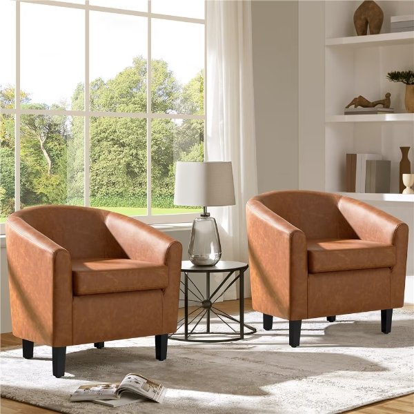 Renwick Faux Leather Barrel Chair Brown Set of 2