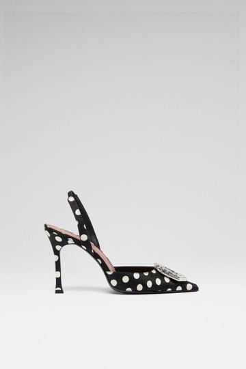AMINA MUADDI Camelia Sling 90 Black Polka Dot Satin Heels