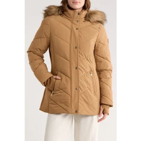 连帽棉绗夹克 仿毛皮毛领