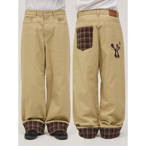 WAIKEICheck Appliqué Roll-up Cotton Casual Pants Light Brown