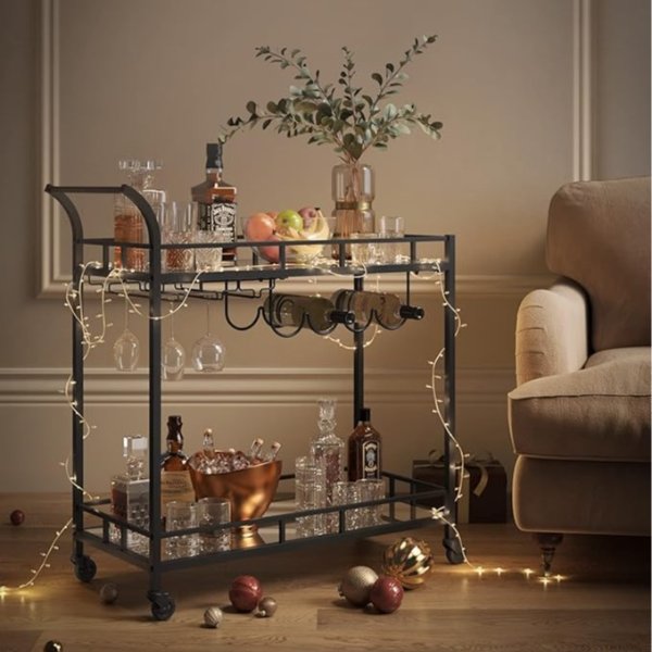 VASAGLE Bar Cart ULRC090B62 Black 2-Tier Mirrored