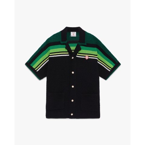 CASABLANCABlack Green Striped Short Sleeve Crochet Shirt