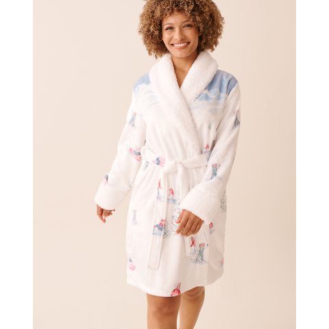 La Vie En Rose Skiing Bear Print Soft Plush Hooded Robe