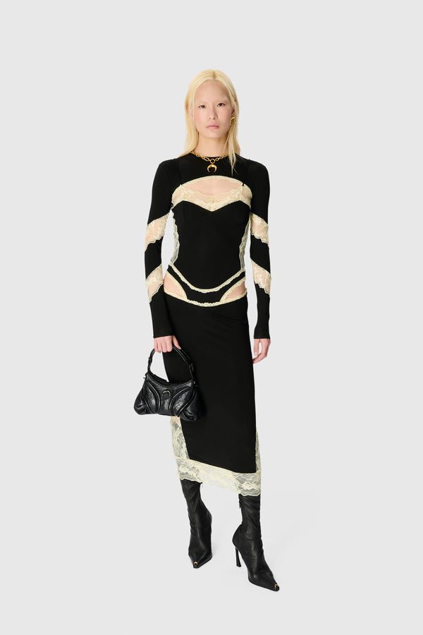 Draped Jersey & Lace Long Sleeve Dress