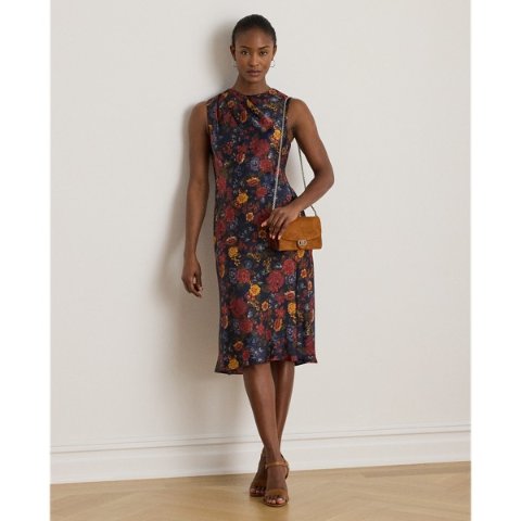 Ralph LaurenFloral Pleated Charmeuse Cocktail Dress