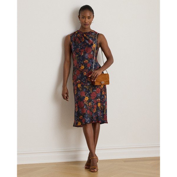 Floral Pleated Charmeuse Cocktail Dress