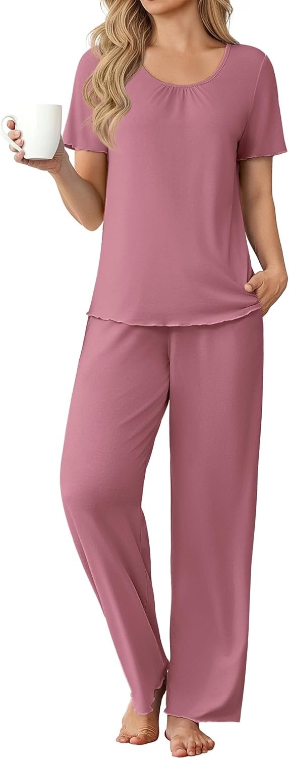 Ekouaer Bamboo Viscose Women's Pajama Set Short Sleeve Long Pants
