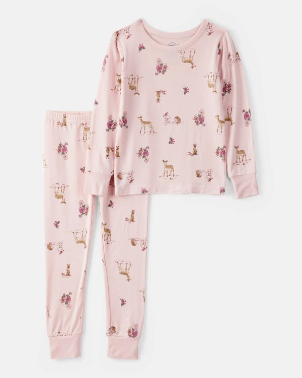 PurelySoft Girls Long Sleeve Deer Floral Pajamas Set Pink