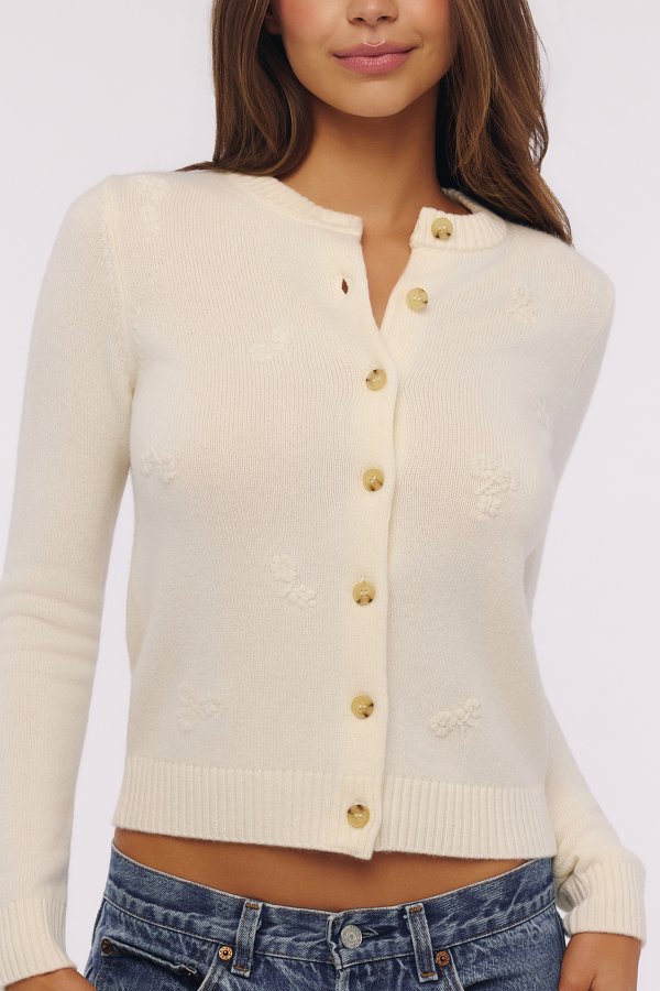 House of CB Ivory Wool Cashmere Floral Embroidered Cardigan