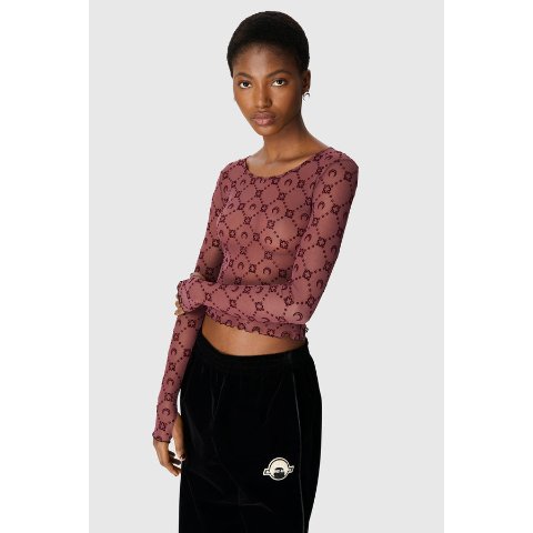 Marine SerreMOONOGRAM Mesh Flock Long Sleeve Cropped Top