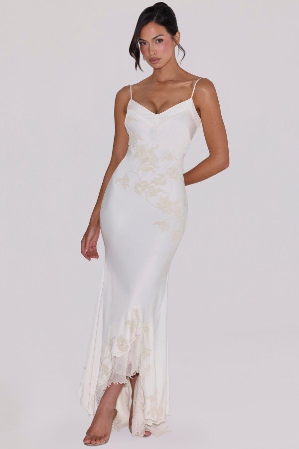 House of CB Anastelle Ivory Satin Hand-Beaded Maxi Dress
