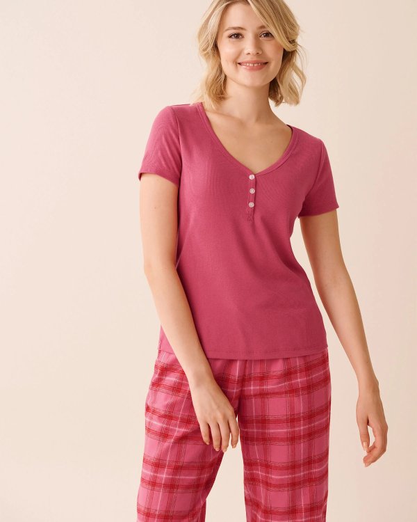 La Vie En Rose Ribbed Henley T-shirt Cherry Red