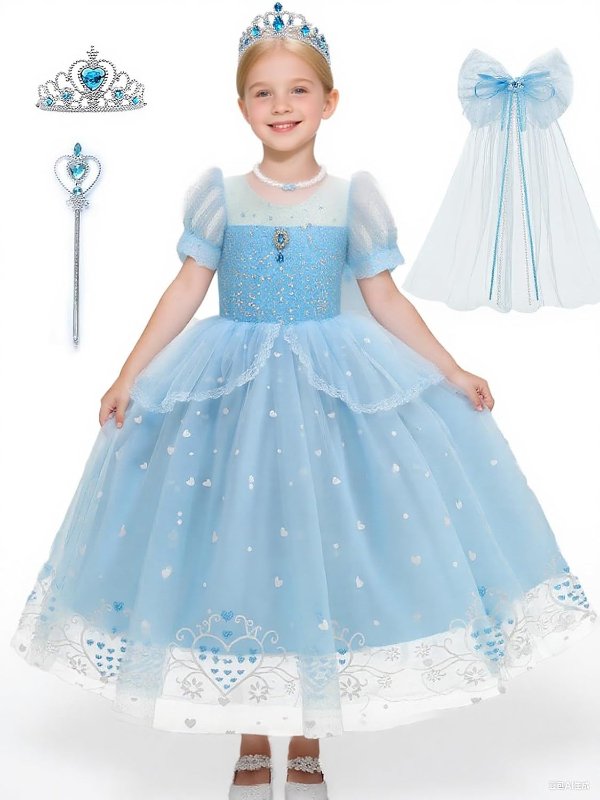 Princess Dress Costume with Crown Magic Wand for Girls 3-9