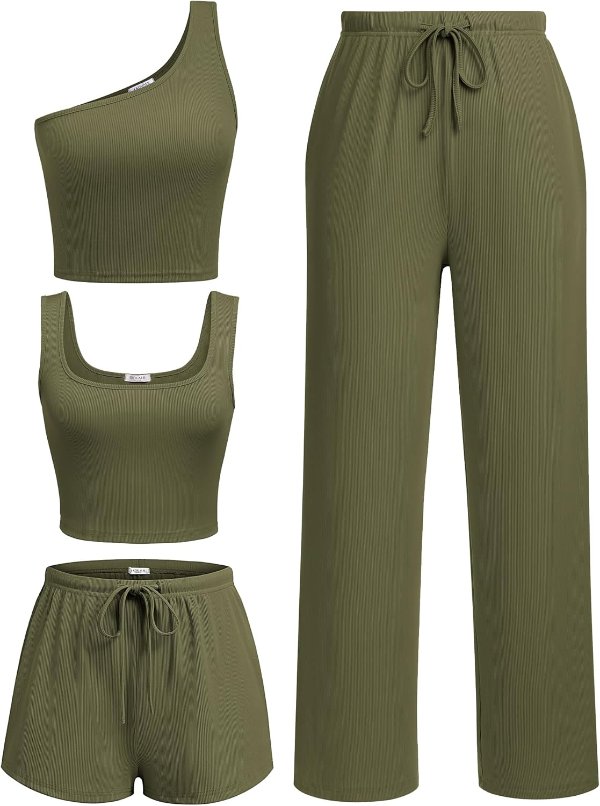 Ekouaer Women’s 4 Piece Ribbed Knit Lounge Set