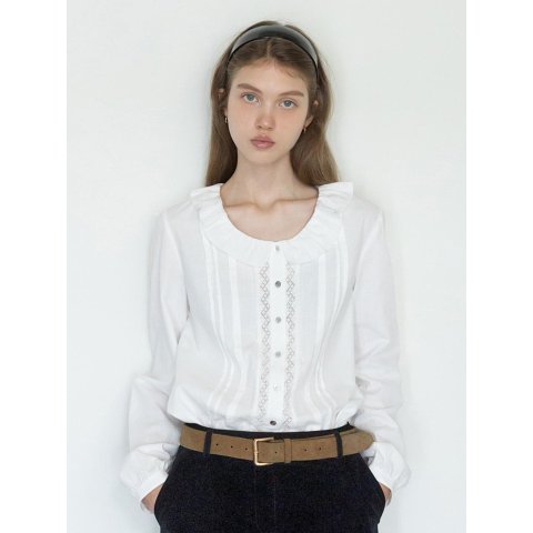 AND YOUIvory Lace Pin-tuck Blouse Ruffle Collar