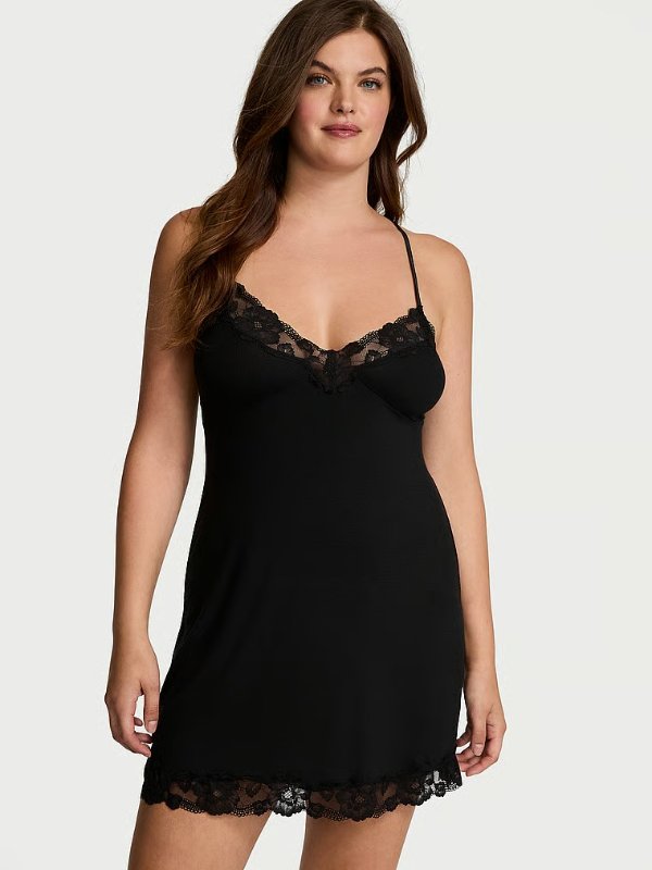 SoSoft Modal Ribbed Lace-Trim Slip Dress