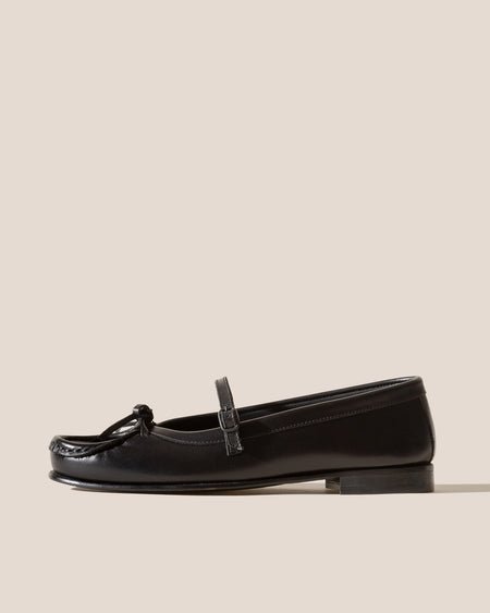HEREU Black Calf Leather Mary Jane Moccasin Lace Detail
