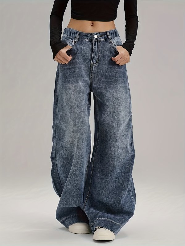 Wide-Leg Straight Jeans Elastic Waist Girls 13+