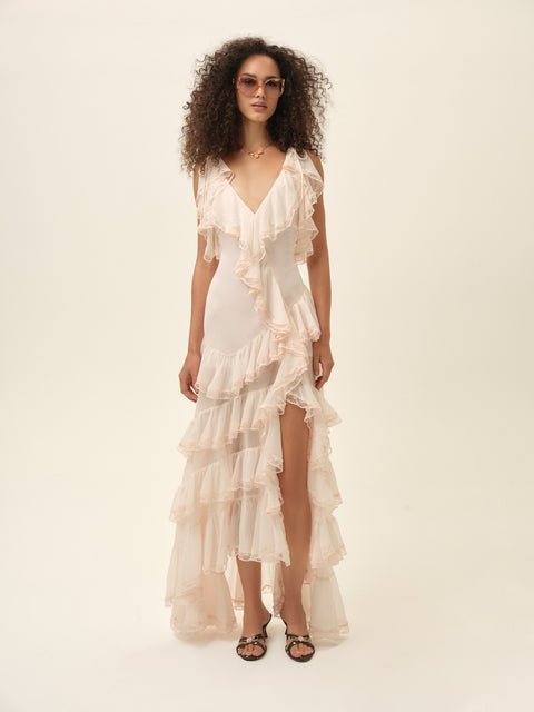 Pink Chiffon Asymmetrical Maxi Dress