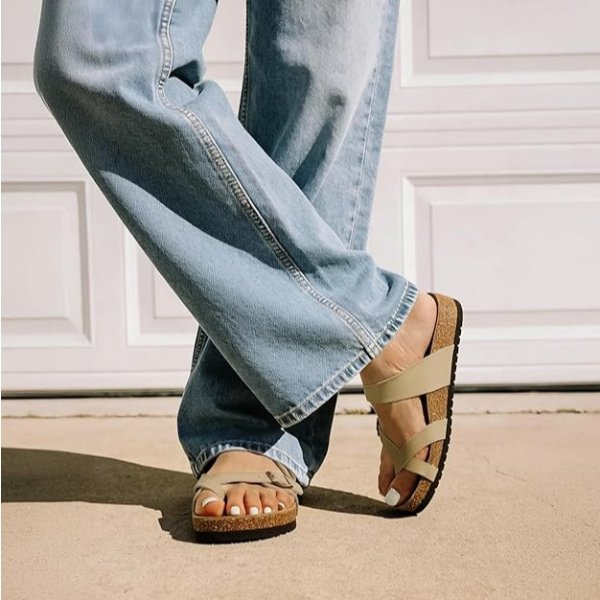 DREAM PAIRS Women's Comfortable Cork Sandals Suede Leather Insole Slides Arch Support Walking Sandals