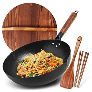 BrBrGo Carbon Steel 13-Inch Chinese Wok with Wooden Lid