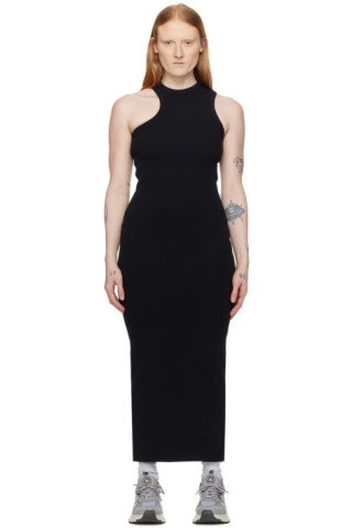 Black Stretch Cotton Ribbed Asymmetric Maxi Dress