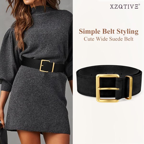 XZQTIVE Women Wide Suede Gold Buckle Belt