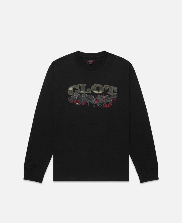 Dragon Horse Embroidered Long Sleeve T-Shirt Black