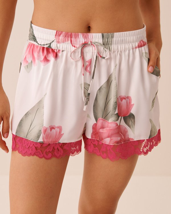 La Vie en Rose Camellia Print Lace Trim Satin Shorts