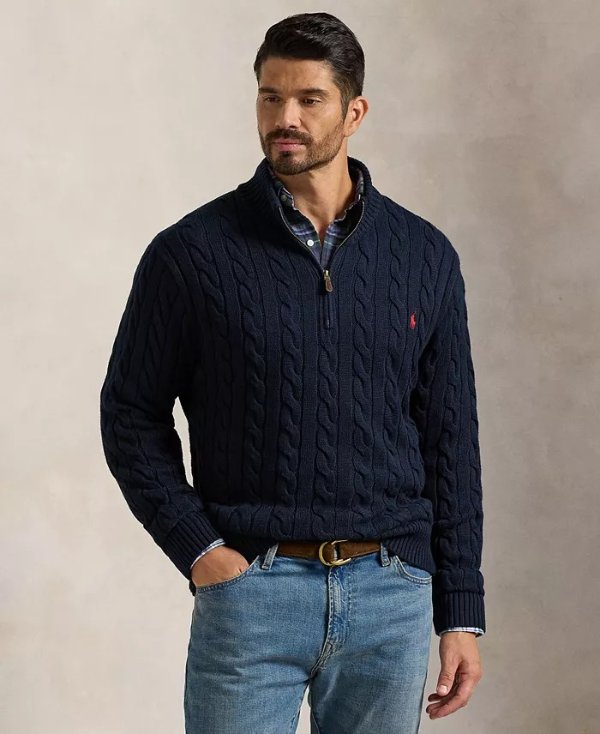 Men's Big & Tall Cable-Knit Cotton Quarter-Zip Sweater