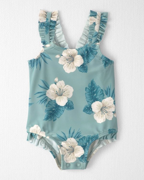 Baby Girl One-Piece Swimsuit Blue Hibiscus Ruffle