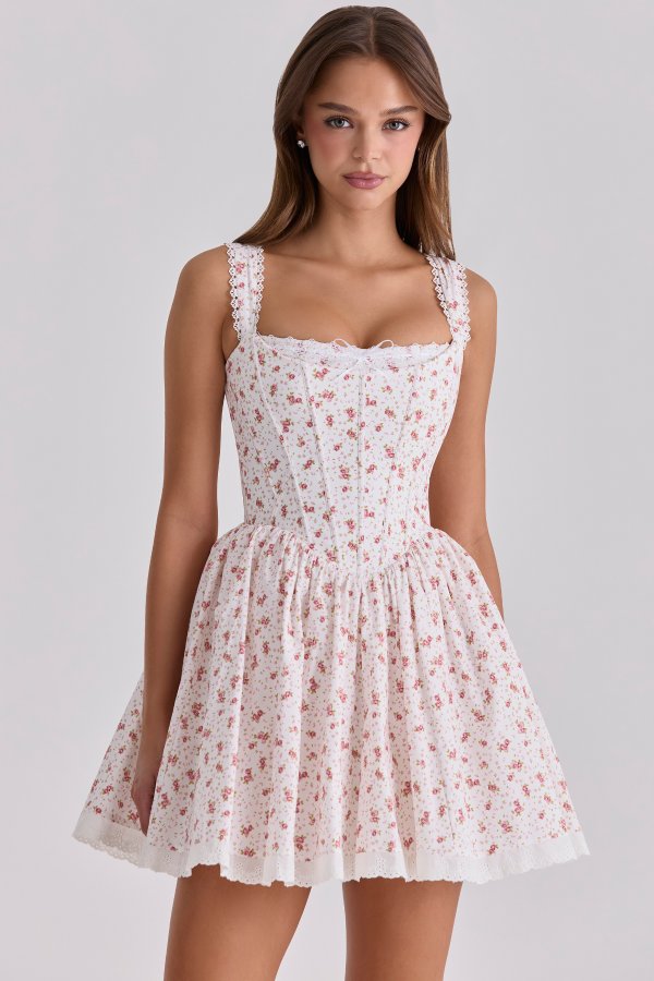 House of CB White Rose Print Cotton Corset Mini Dress