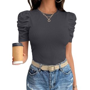 ANRABESS Women Puff Short Sleeve Crewneck Dressy Casual Tops