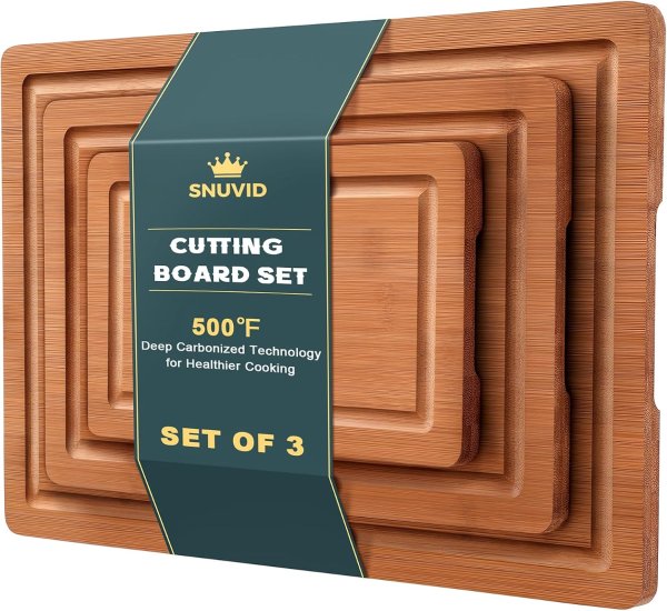 Snuvid Bamboo Cutting Board Set 3-Pack with Grooves Durable