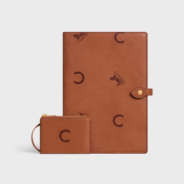 Large Notebook Cover with Pouch in Stamped Natural Calfskin