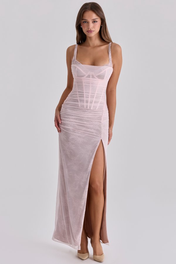 House of CB Lini Baby Pink Lace Mesh Maxi Dress