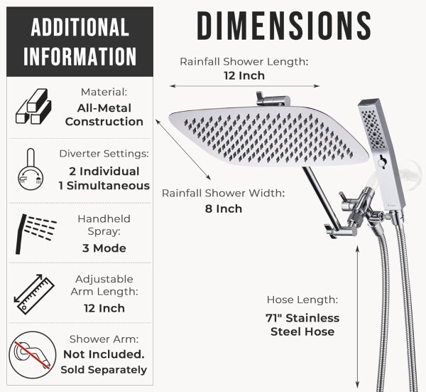 G-Promise 12 Inch All Metal Dual Shower Head Combo Chrome