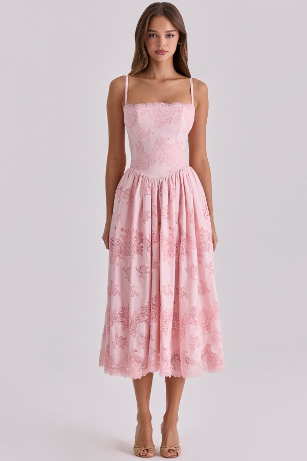 House of CB Chloe Pink Embroidered Cotton Midi Sundress
