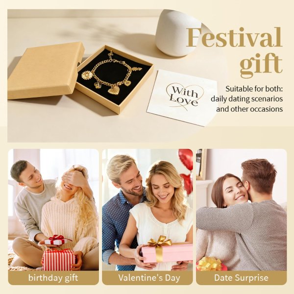 14K Gold Plated Heart Charm Bracelet Stainless Steel