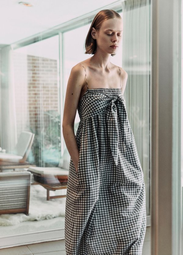 Gingham Cotton-Silk Smocked Dress