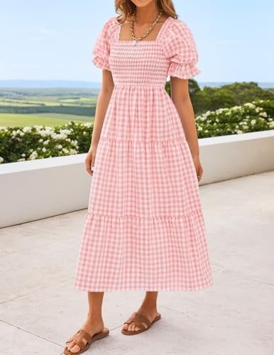 2026 Women Plaid Beach Midi Dress