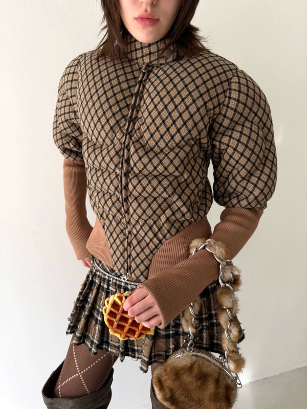 Nφdress Brown Plaid Muscle Fit Short Puffer Racer Jacket