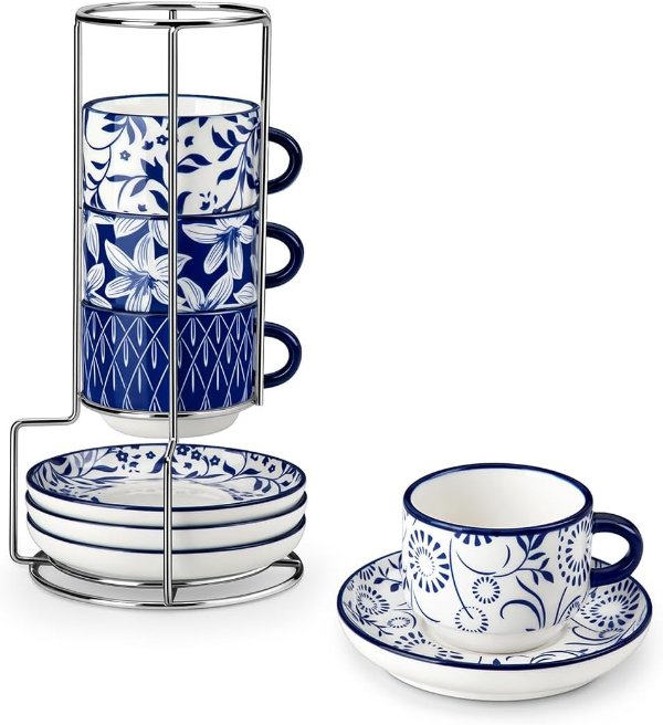 vancasso SELENE Vintage Blue Porcelain Espresso Cups 2.5oz Set of 4