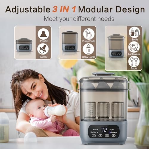 AMZBABYCHEF 4-in-1 Baby Bottle Steamer and Dryer Grey