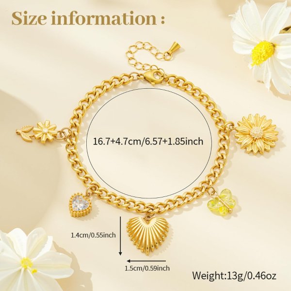 14K Gold Plated Heart Charm Bracelet Stainless Steel